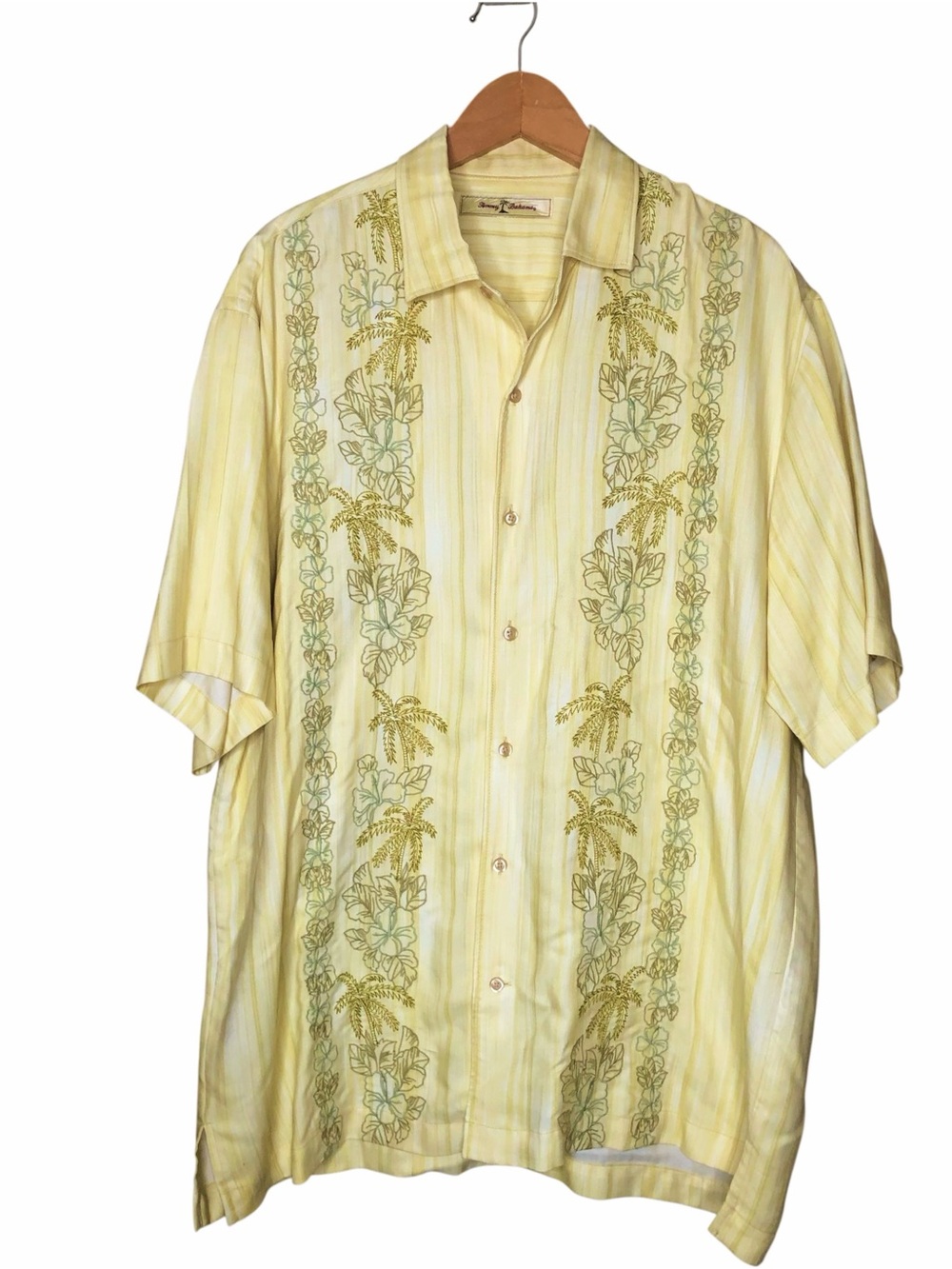 Tommy Bahama Silk Blend Camp Shirt Tropical Yellow Cream Embroidered Men’s Large